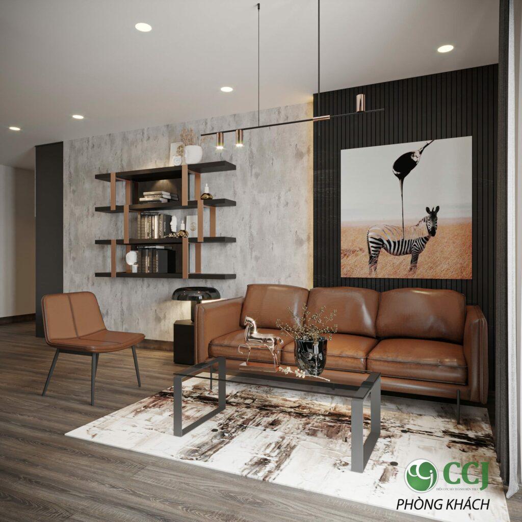 Phòng khách sang trọng với bộ sofa da cùng kệ để đồ